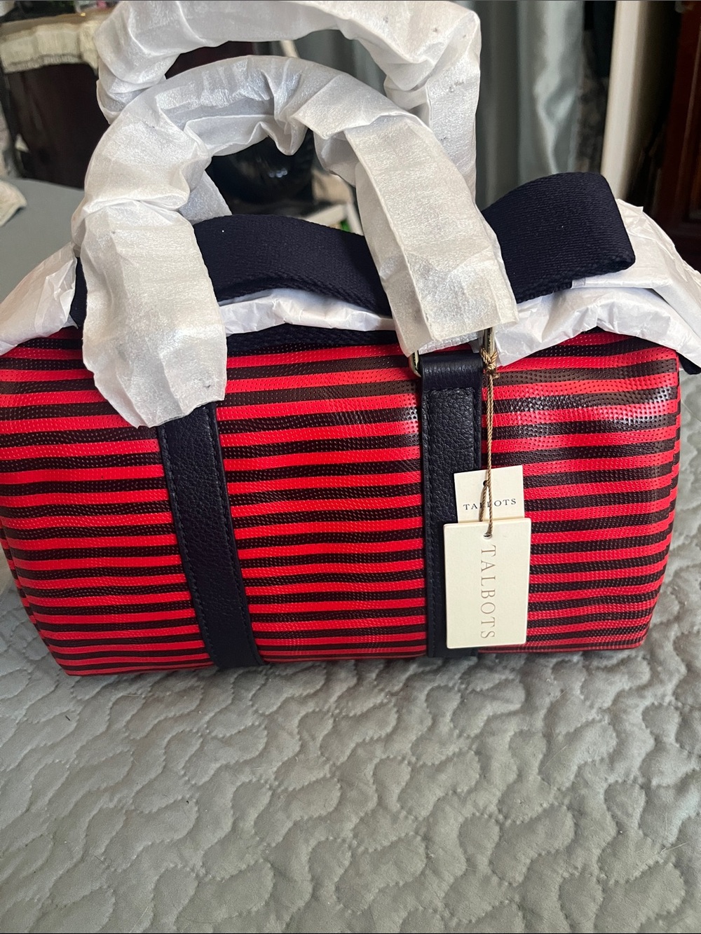 Talbots Red and Black Striped Barrel Satchel with Navy Trim